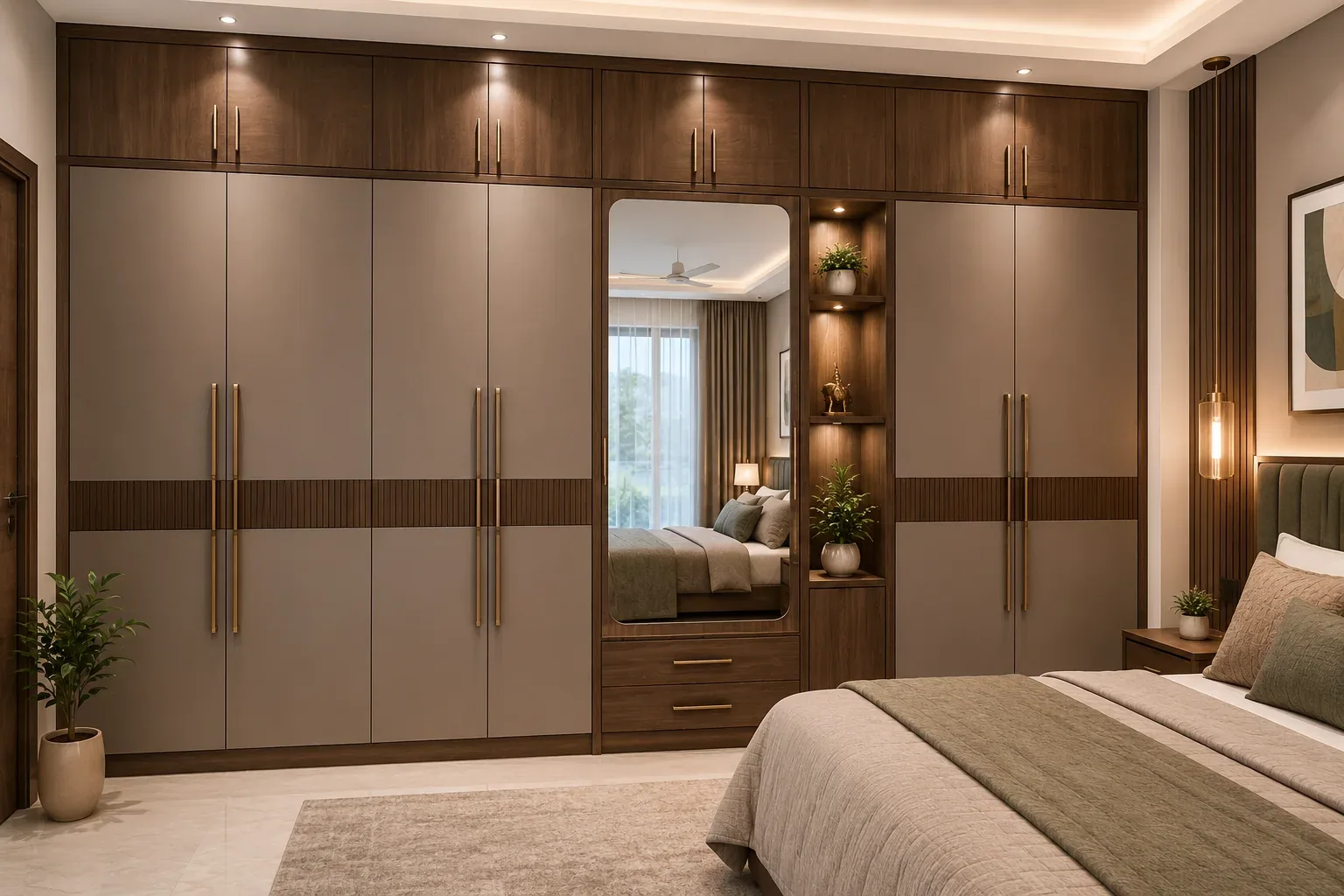 A full-wall custom wooden almirah built into a bedroom by Reedify Modulars