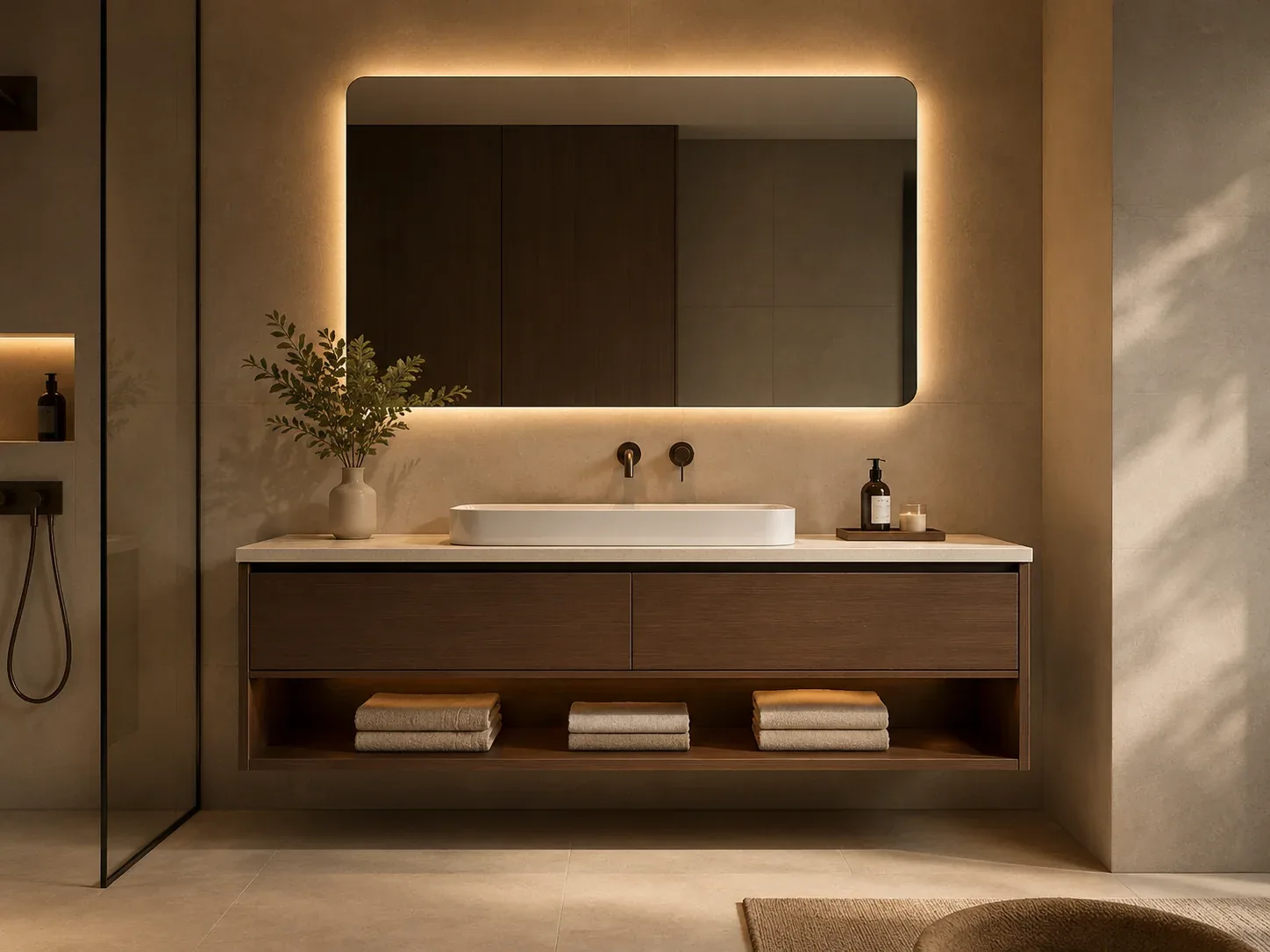 A custom wooden floating bathroom vanity by Reedify Modulars