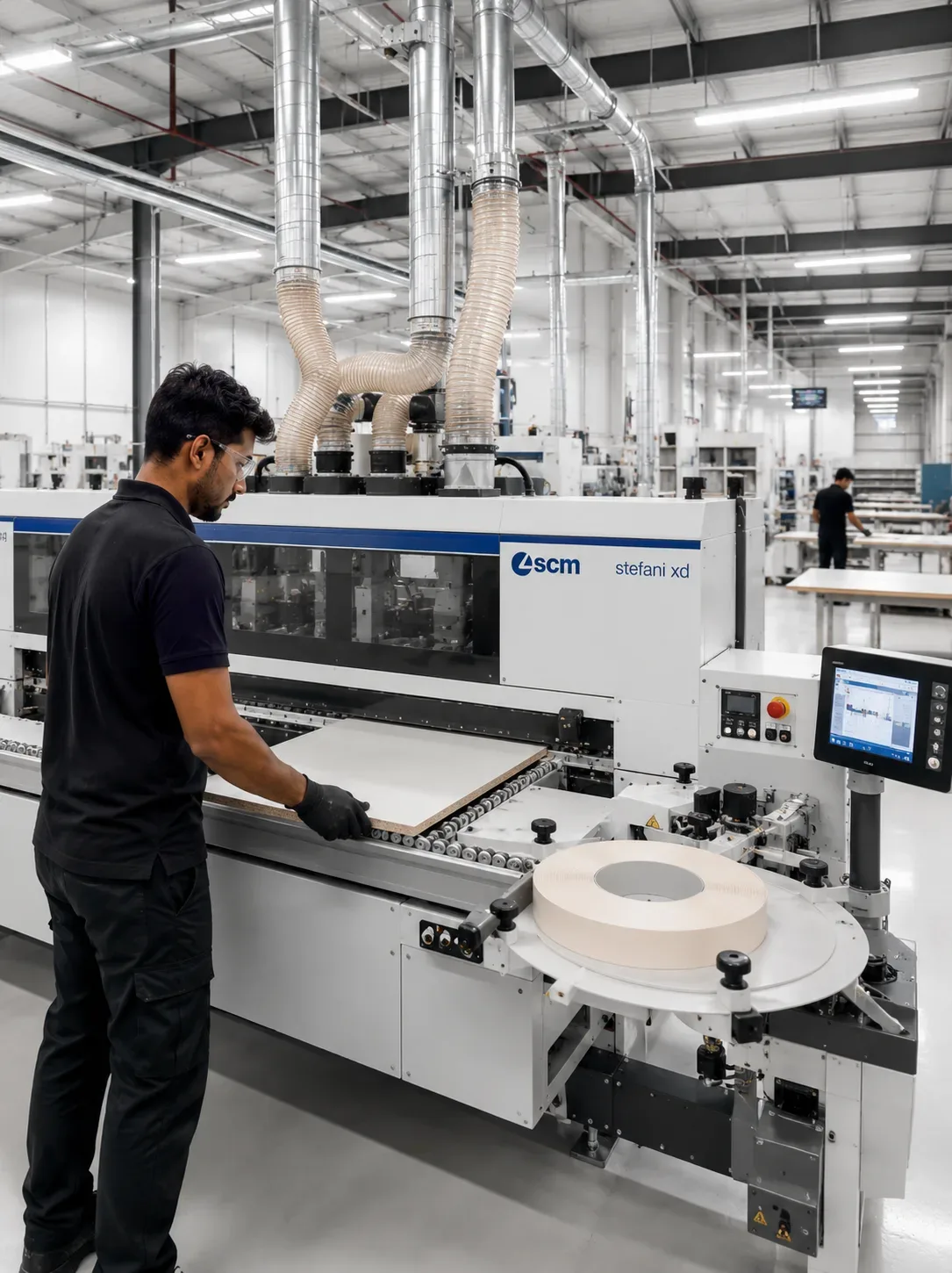 Reedify Modulars operator running a panel through the beam saw at the Rohtak factory