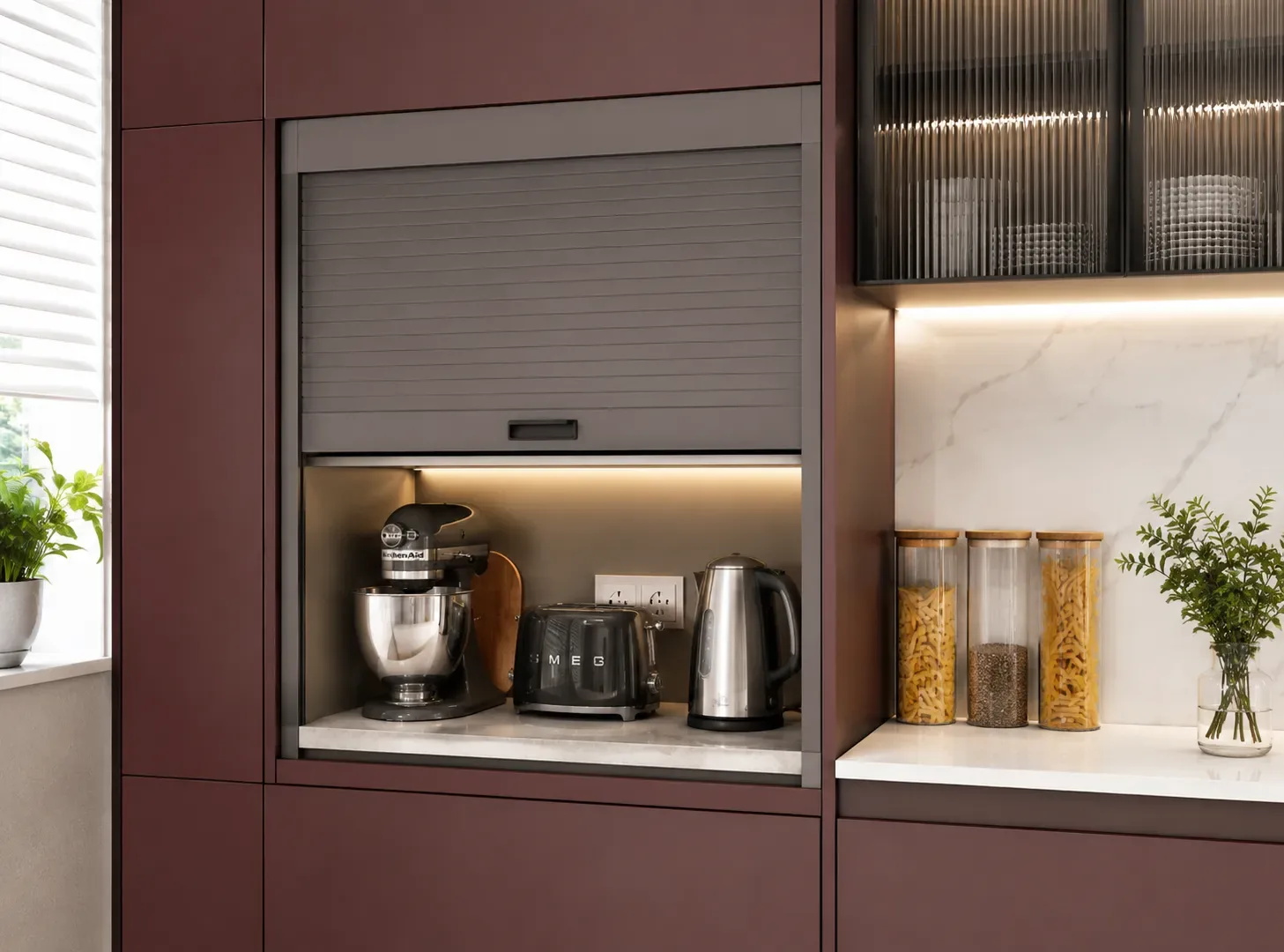Shuttered appliance garage in an L-shape modular kitchen by Reedify Modulars