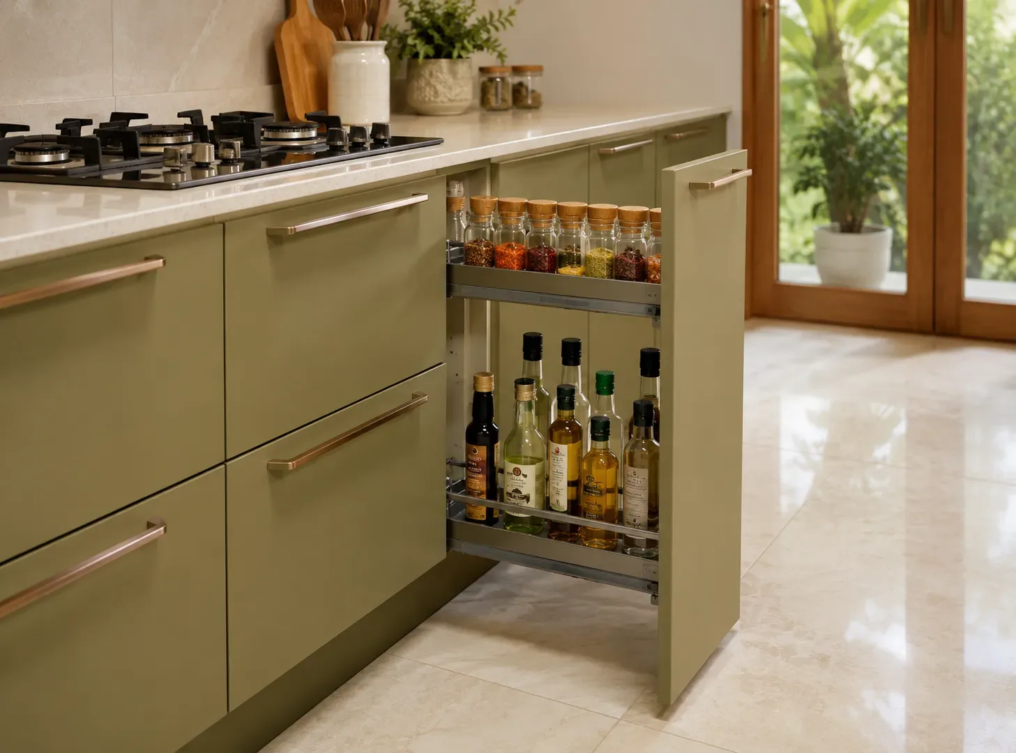 Bottle and spice pull-out beside the hob in an L-shape kitchen by Reedify Modulars