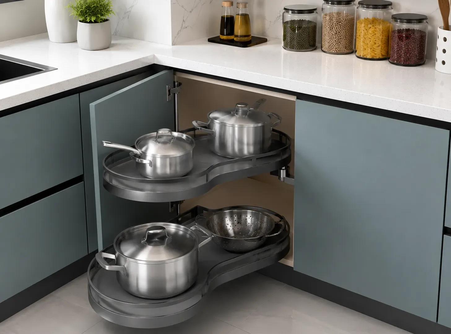 L-shape kitchen corner unit with Le Mans pull-out by Reedify Modulars