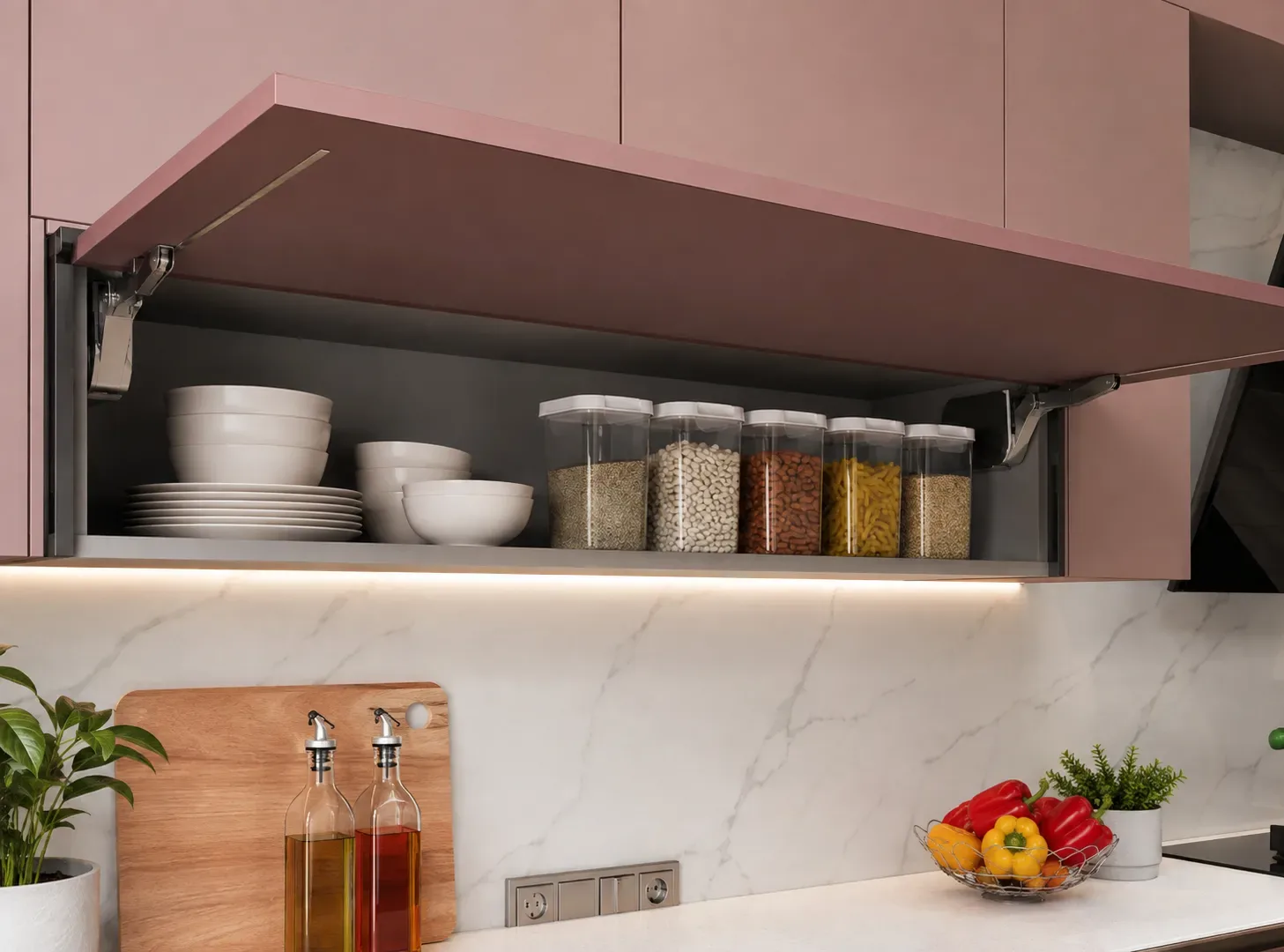 Overhead lift-up wall cabinets in a modern L-shape kitchen by Reedify Modulars