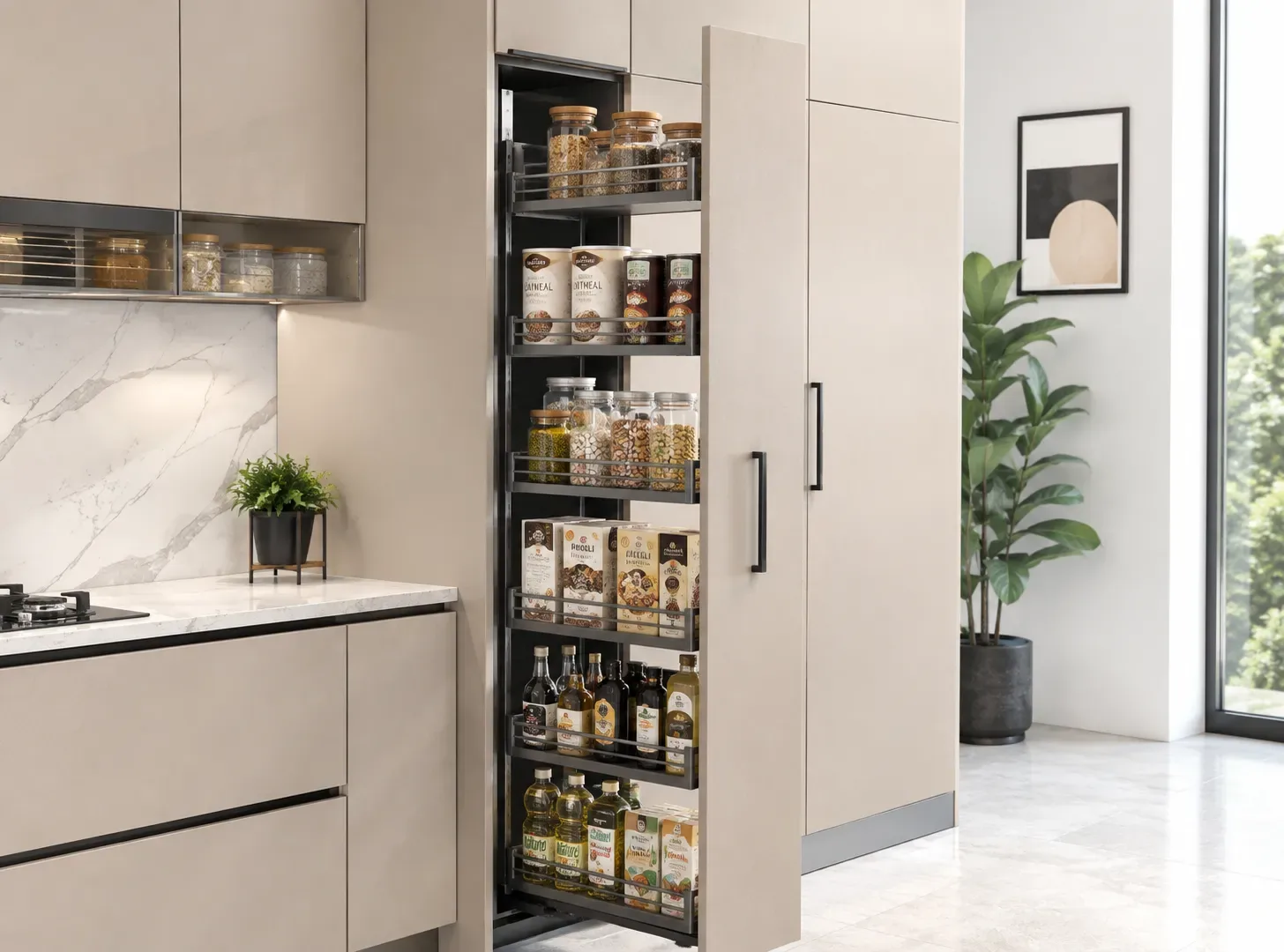 Tall pantry pull-out unit in an L-shape kitchen by Reedify Modulars