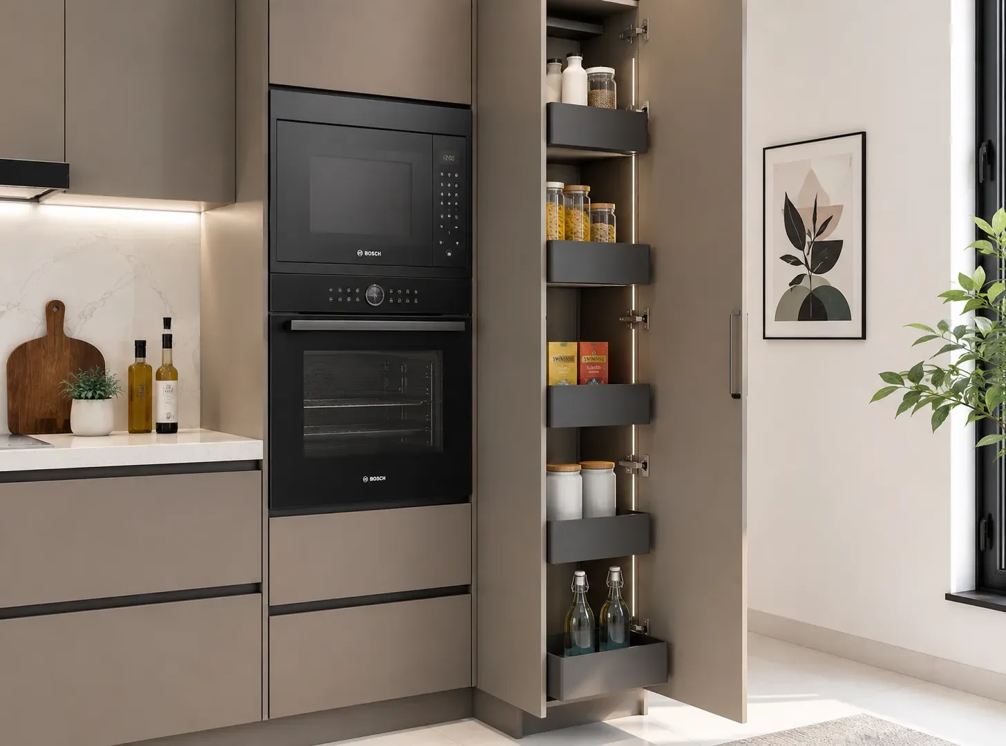 Floor-to-ceiling tall unit in an L-shape modular kitchen by Reedify Modulars