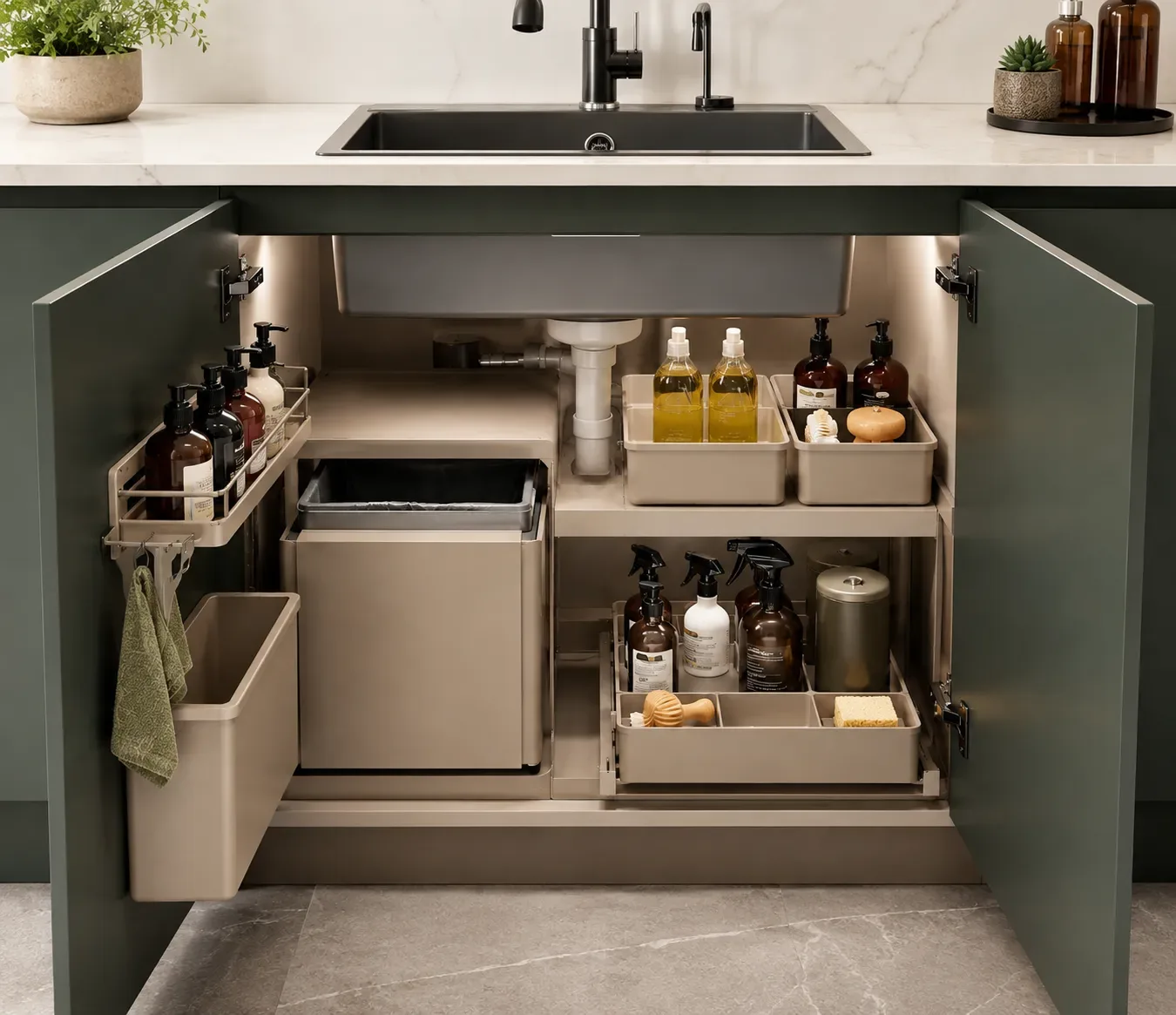 Under-sink utility storage in an L-shape kitchen by Reedify Modulars