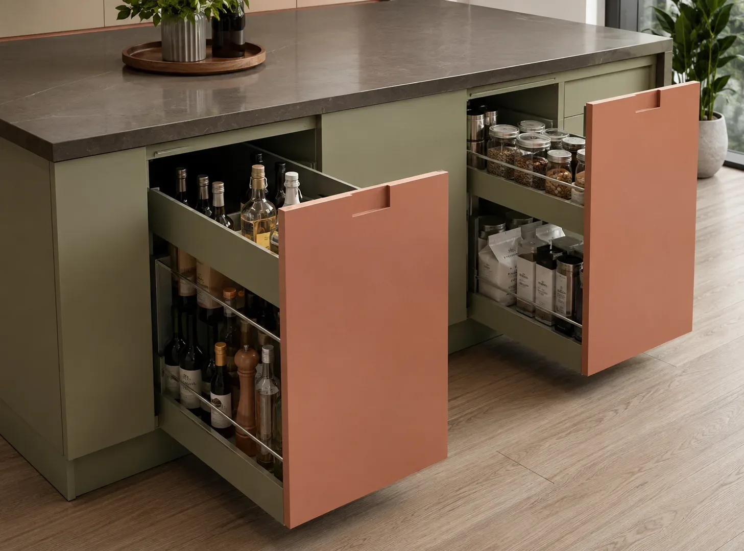 Bottle & Utility Storage in a Island modular kitchen by Reedify Modulars