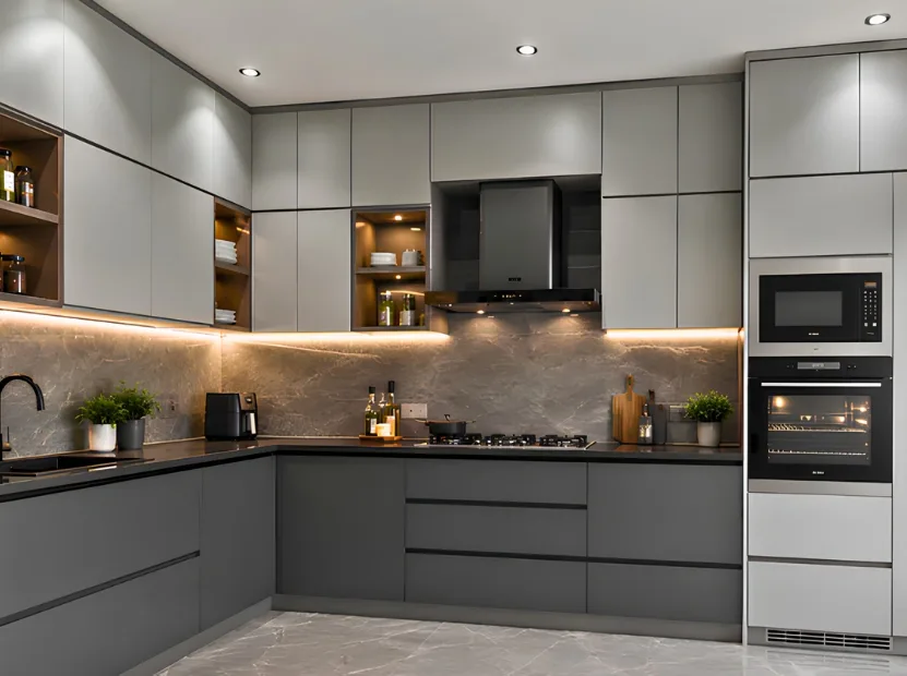 L-shaped modular kitchen by Reedify Modulars