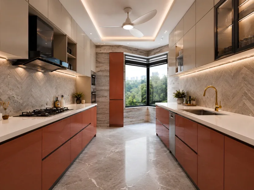 Parallel galley modular kitchen by Reedify Modulars