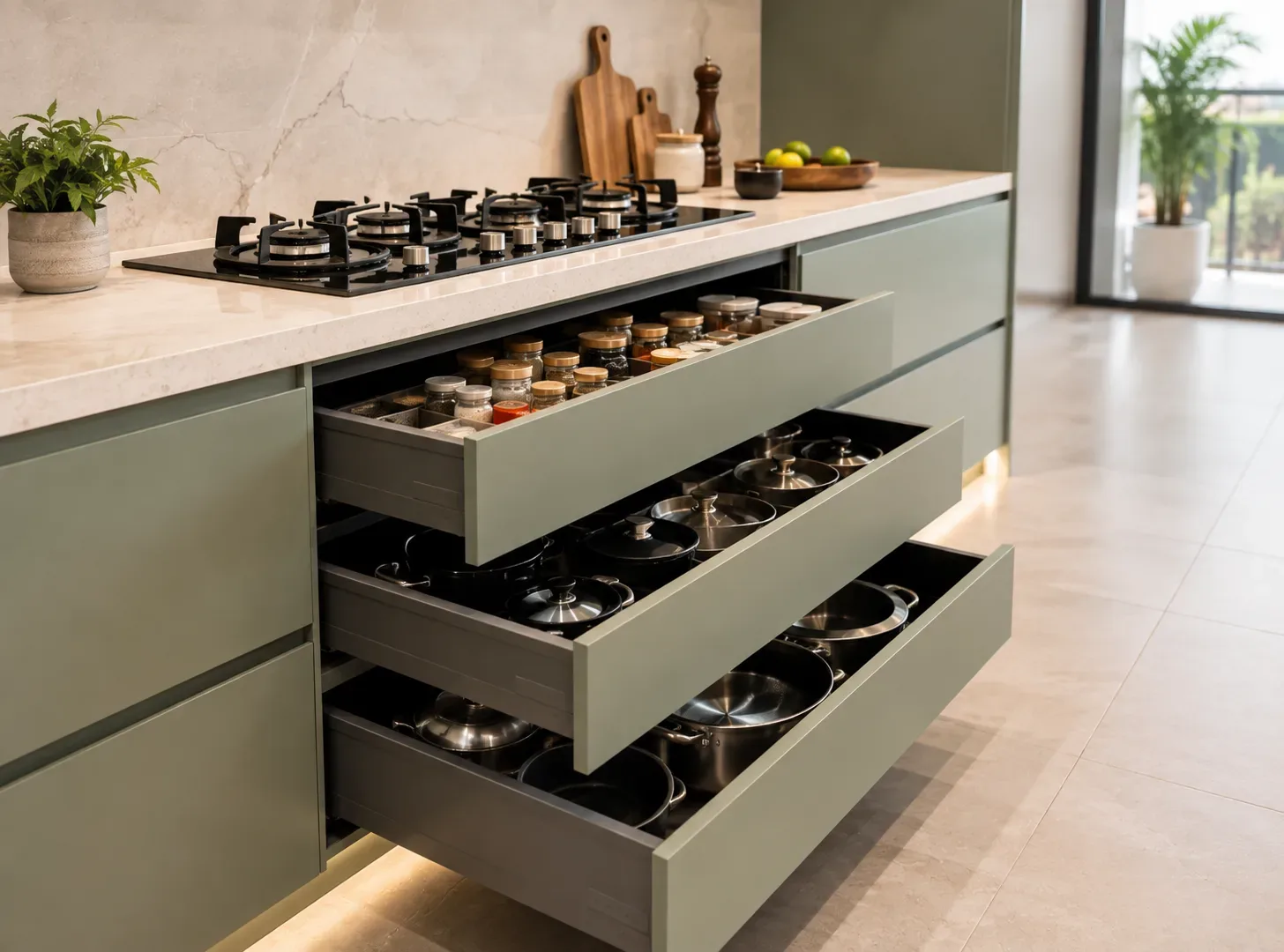 Cooking-Side Drawers in a Parallel modular kitchen by Reedify Modulars