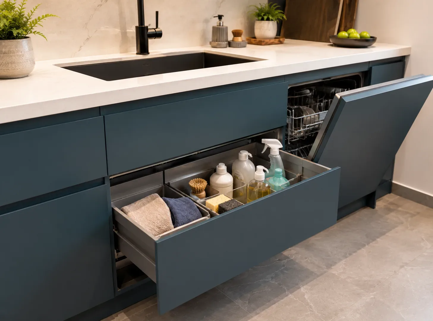 Washing-Side Storage in a Parallel modular kitchen by Reedify Modulars