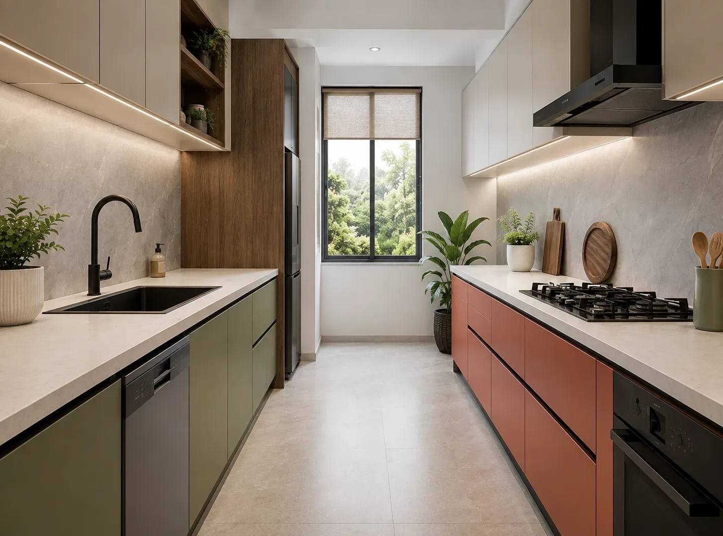 Wet-Dry Zoning — Parallel modular kitchen idea by Reedify Modulars