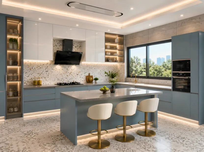 Peninsula modular kitchen with attached-counter planning by Reedify Modulars