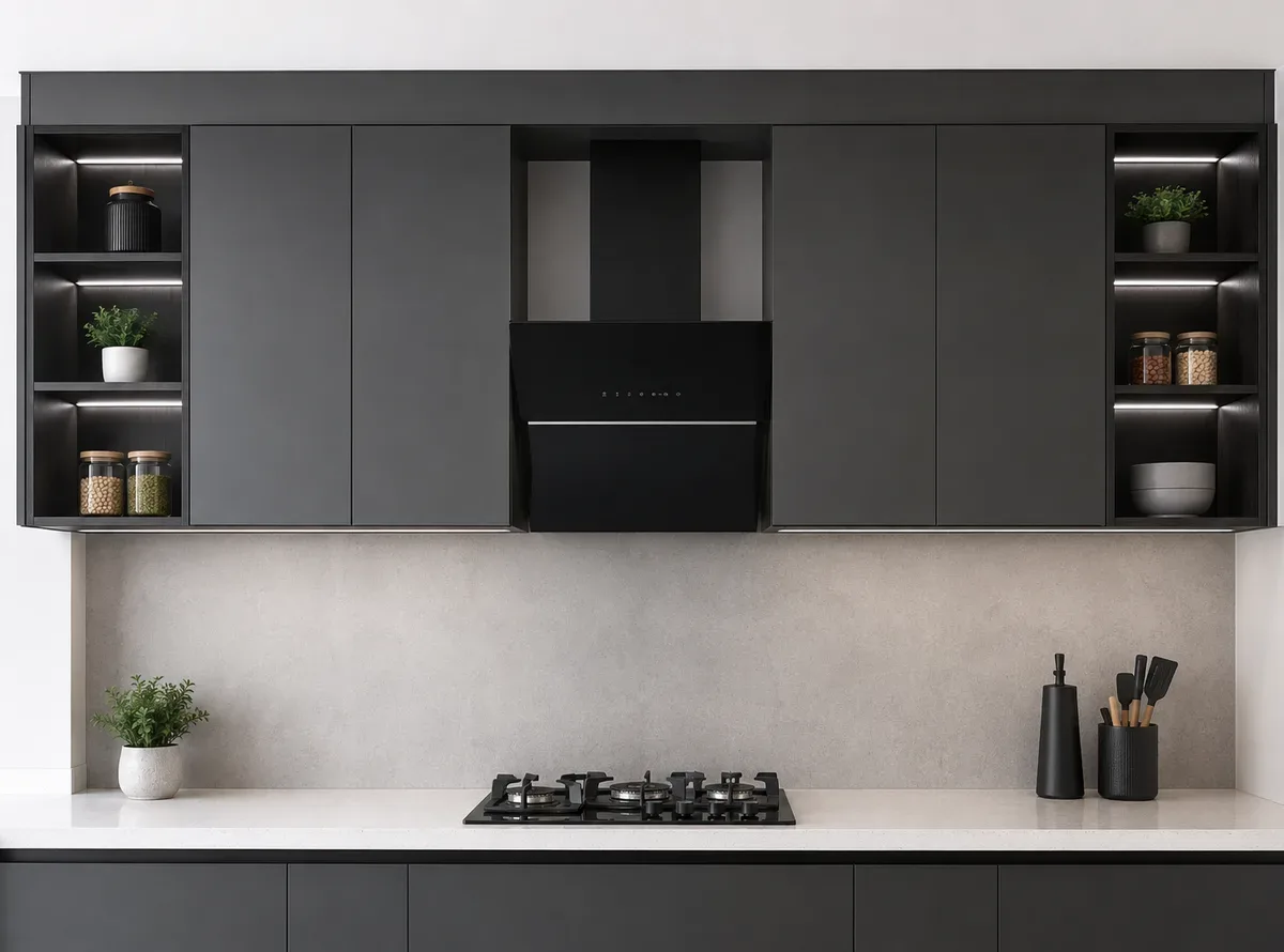 Main Run Wall Storage in a Peninsula modular kitchen by Reedify Modulars