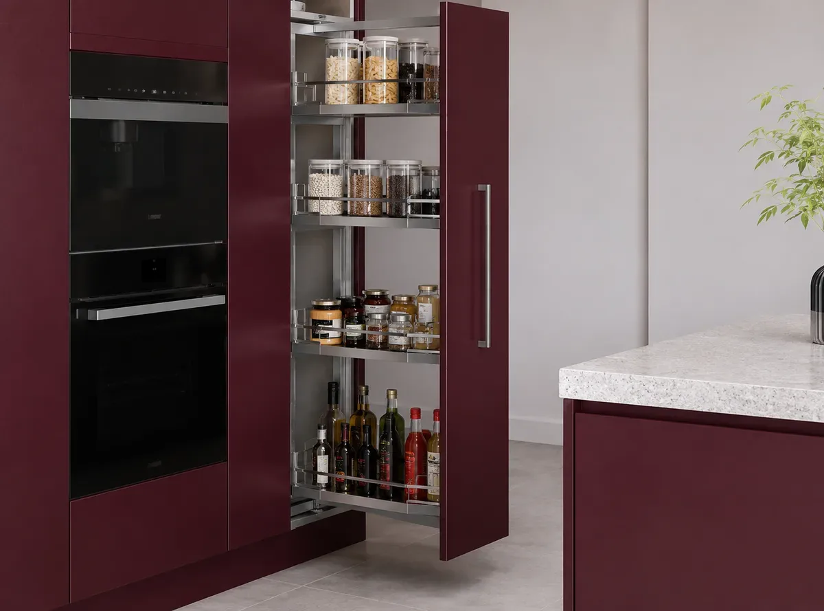 Pantry Pull-Out Tower in a Peninsula modular kitchen by Reedify Modulars