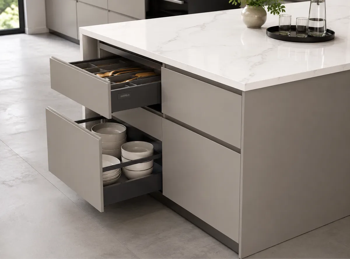 Peninsula Base Drawers in a Peninsula modular kitchen by Reedify Modulars
