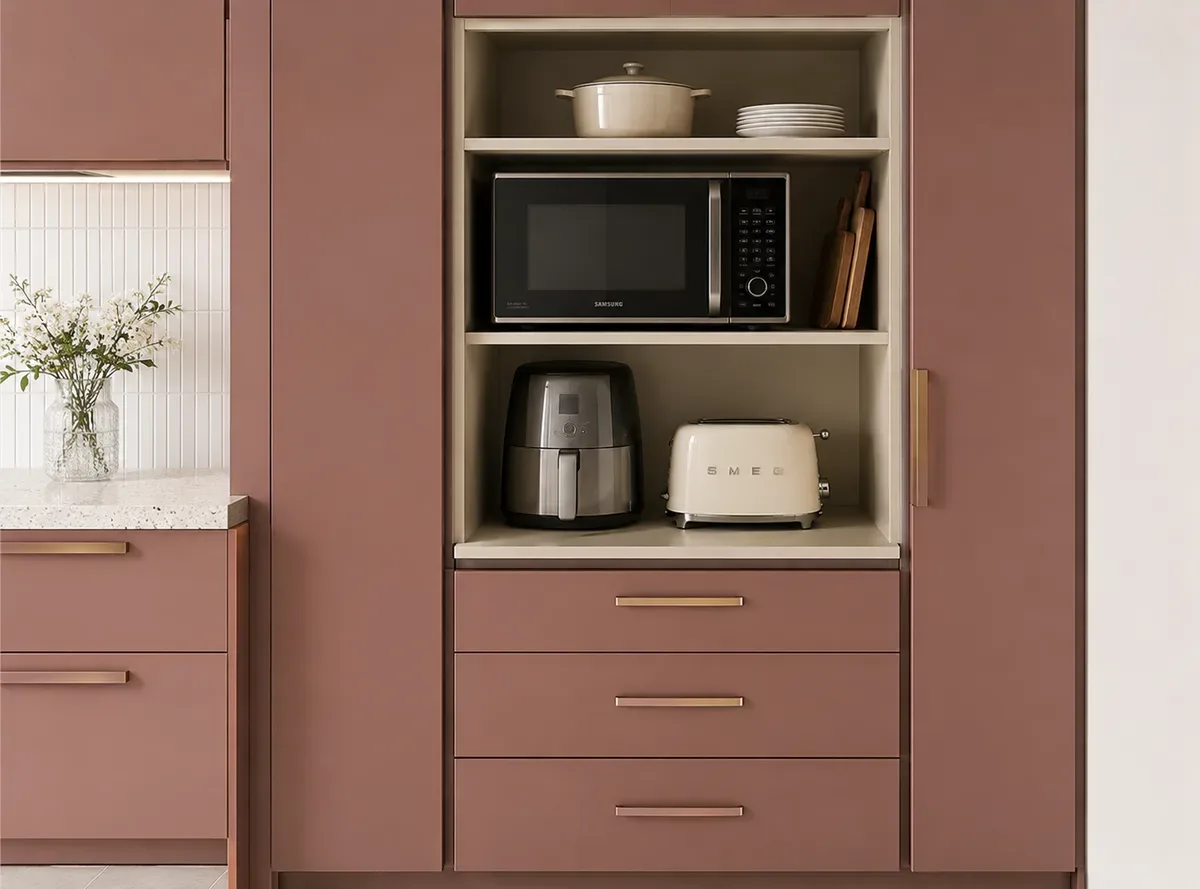 Appliance Storage in a Straight modular kitchen by Reedify Modulars