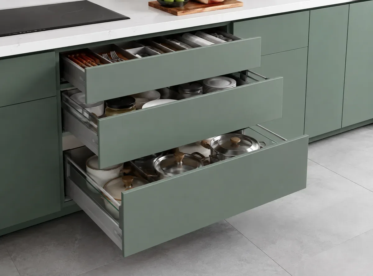 Under-Counter Drawers in a Straight modular kitchen by Reedify Modulars