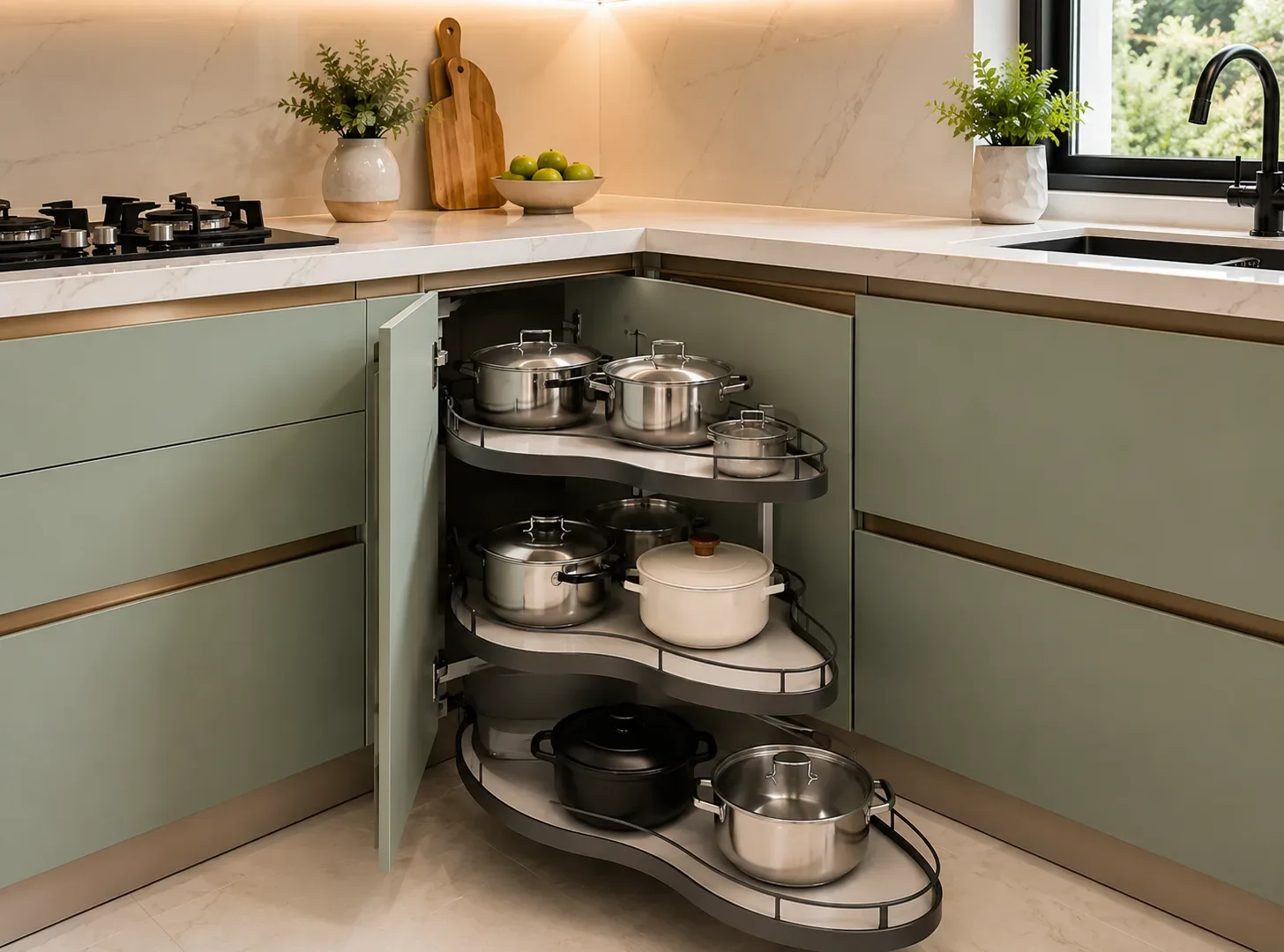 Corner Access Units in a U-Shape modular kitchen by Reedify Modulars