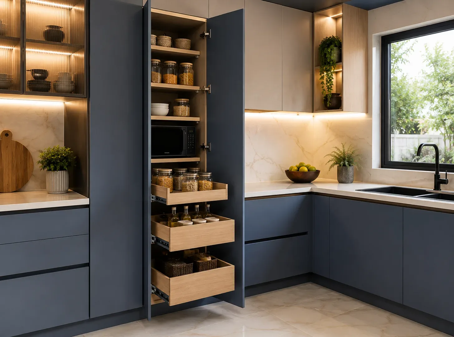 Tall Pantry Cabinets in a U-Shape modular kitchen by Reedify Modulars