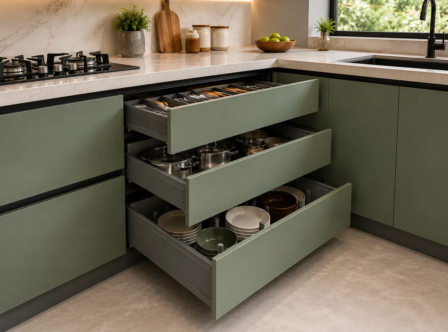 Three-Side Drawers in a U-Shape modular kitchen by Reedify Modulars