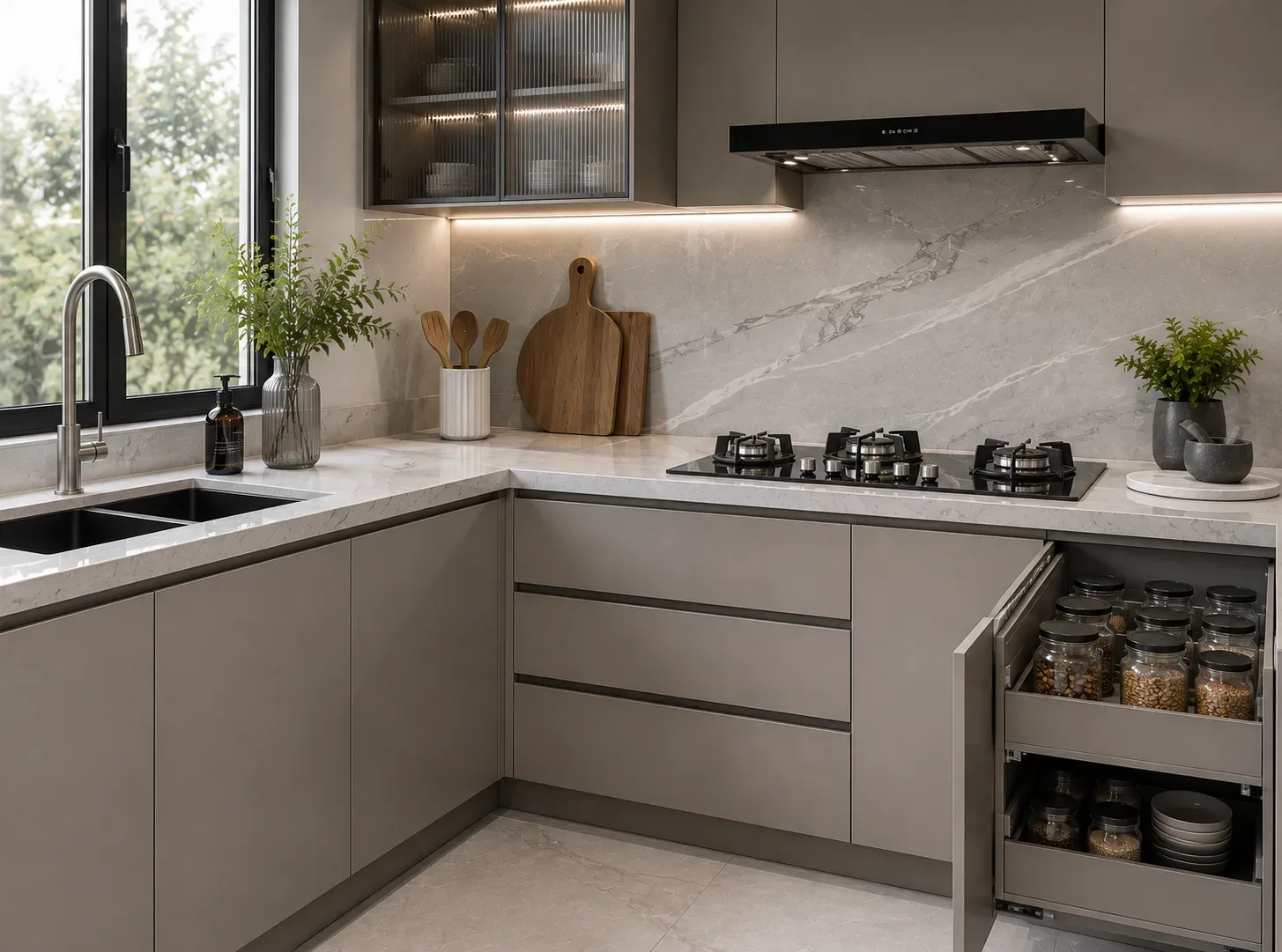 Wet, Dry & Cooking Zones in a U-Shape modular kitchen by Reedify Modulars
