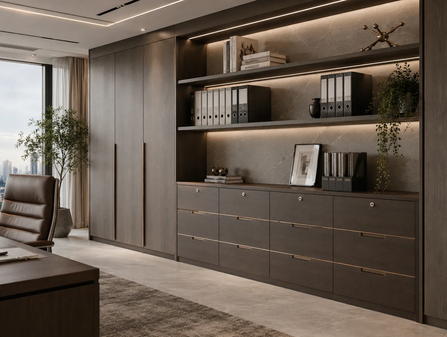 Office credenza and hutch storage behind desk by Reedify Modulars