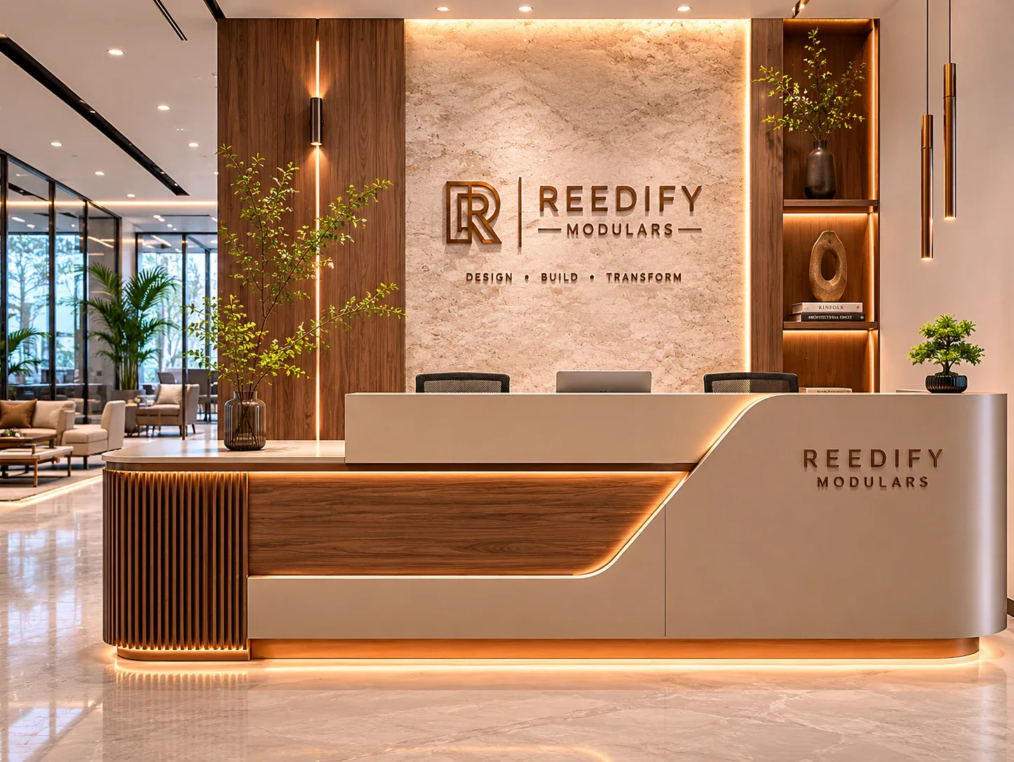Modern reception desk for office entrance by Reedify Modulars
