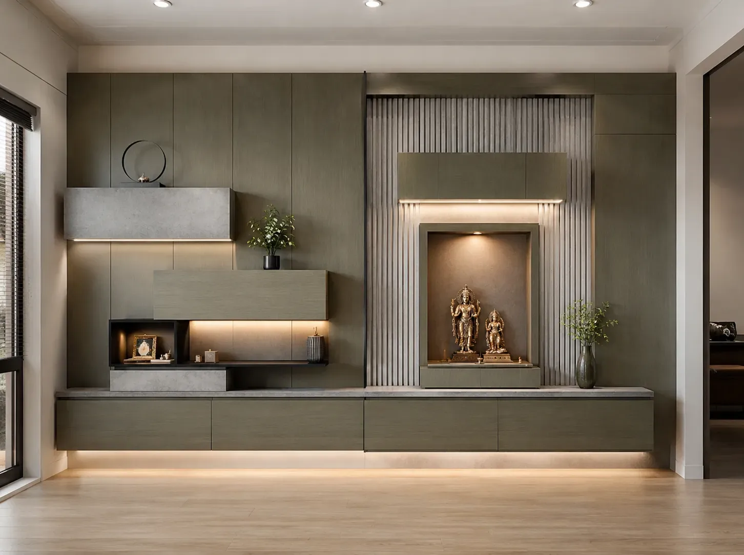 Arched full wall pooja unit by Reedify Modulars