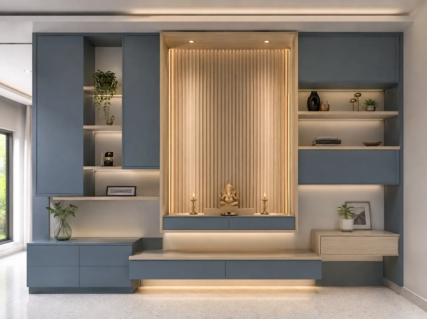 Backlit full wall pooja unit by Reedify Modulars