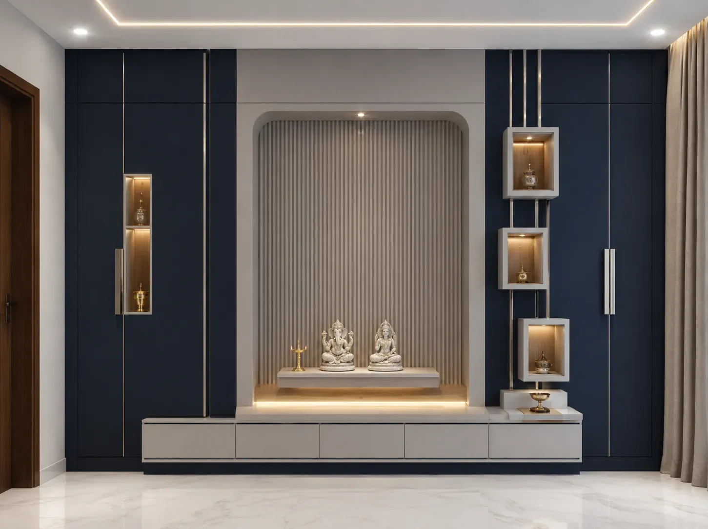 Brass accent full wall pooja unit by Reedify Modulars