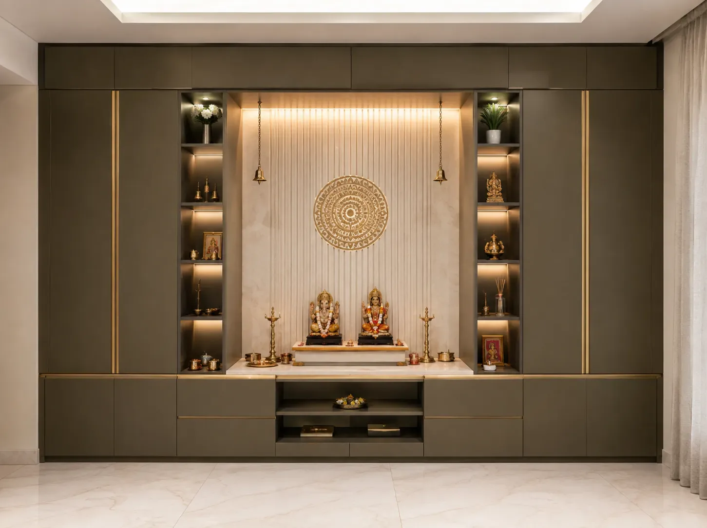 Glass shutter full wall pooja unit by Reedify Modulars