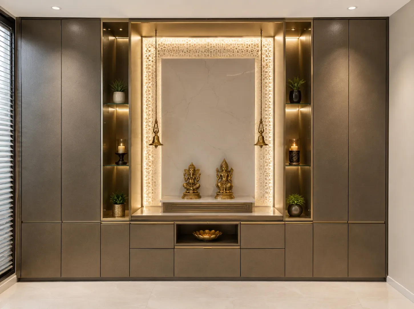 Minimal full wall pooja unit by Reedify Modulars