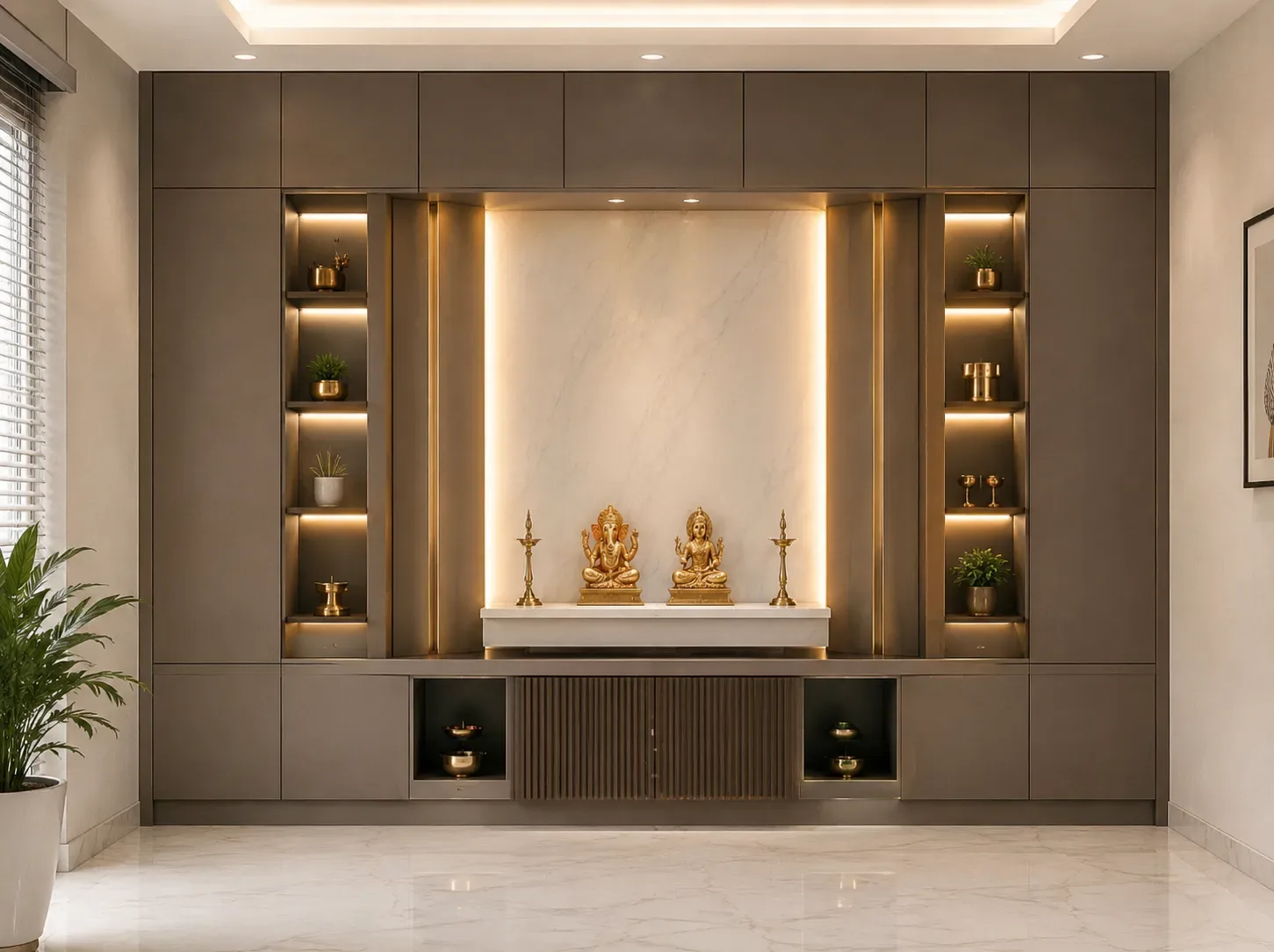 Teak full wall pooja unit by Reedify Modulars
