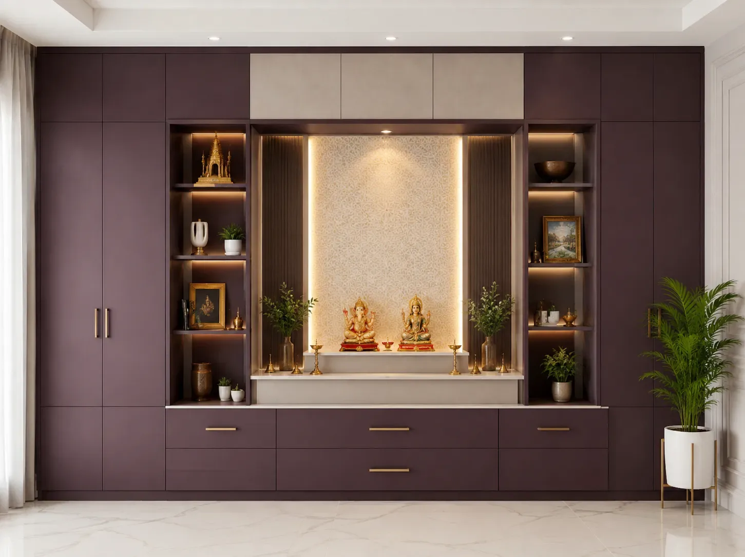 Walnut full wall pooja unit by Reedify Modulars