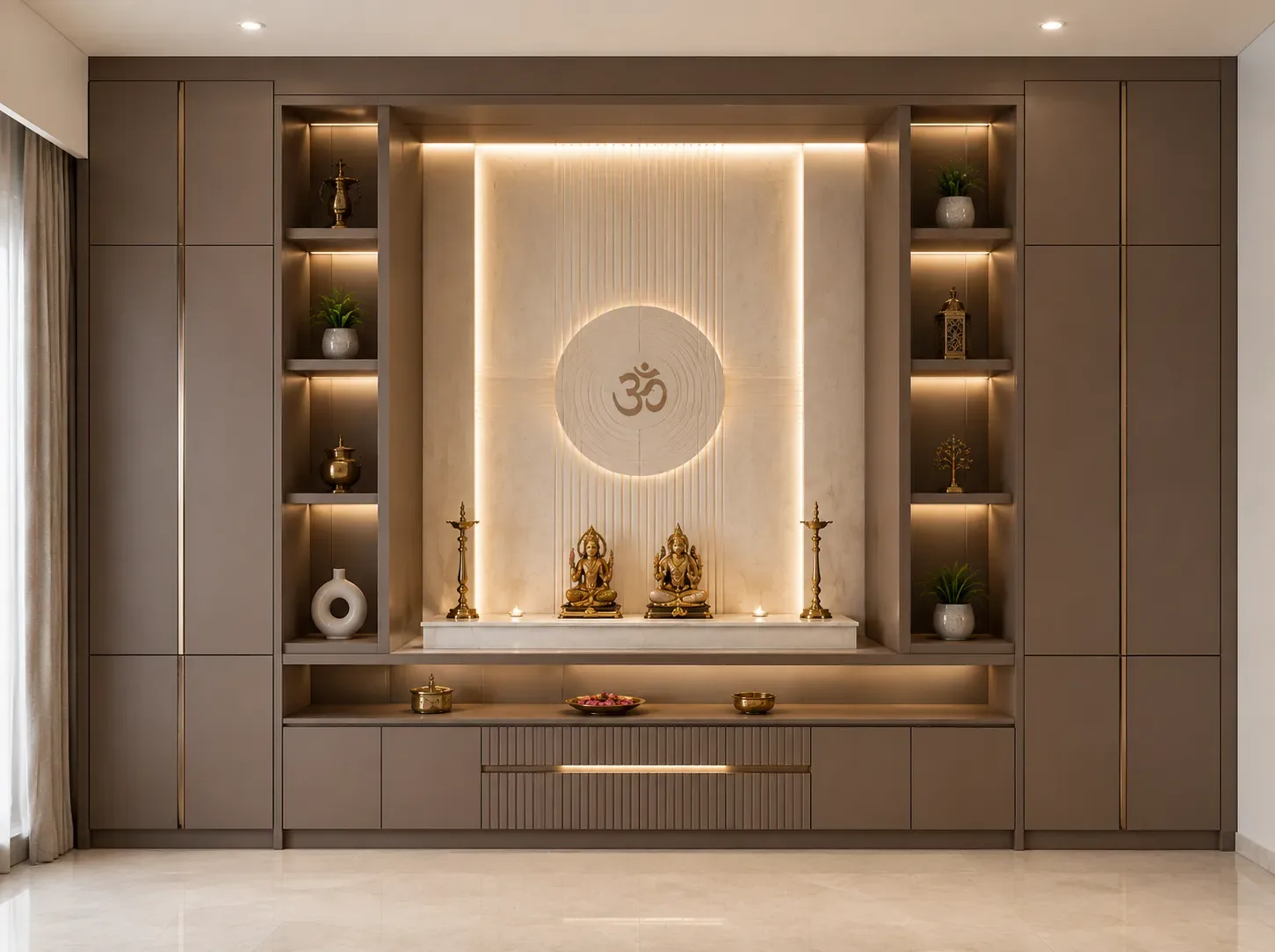 Wooden full wall pooja unit by Reedify Modulars