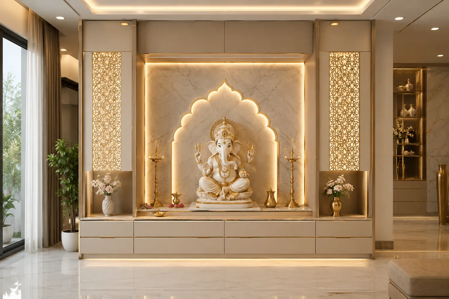 A full-wall custom wooden pooja unit by Reedify Modulars