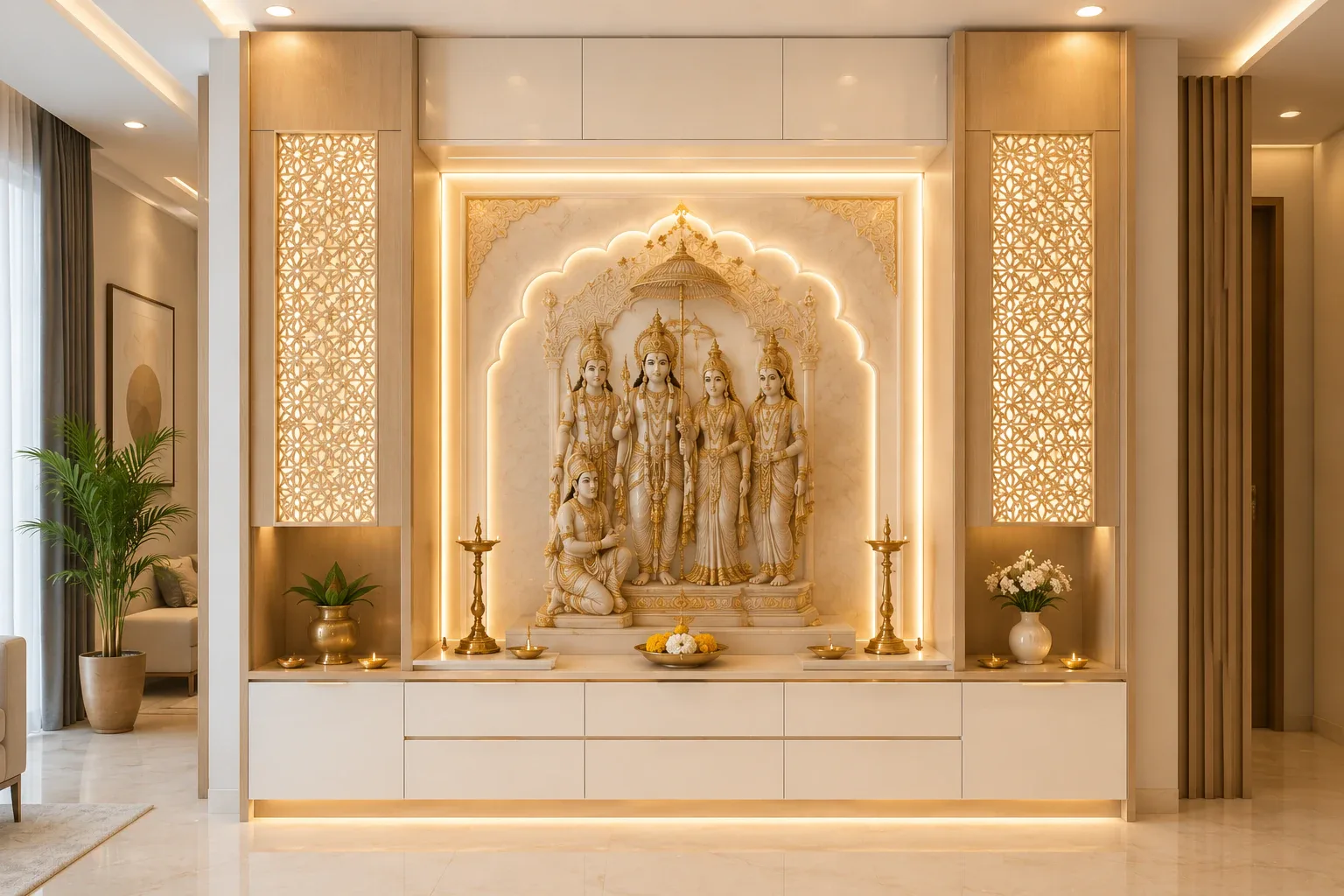 Full-wall pooja unit by Reedify Modulars