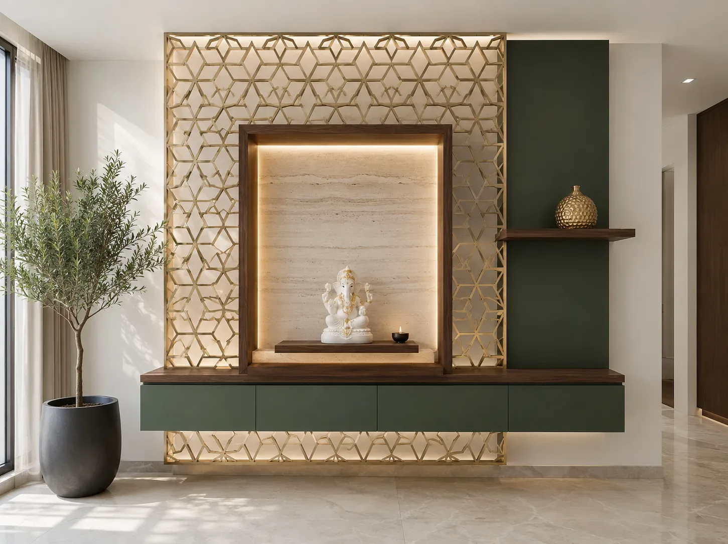 Gold lattice jali pooja unit by Reedify Modulars