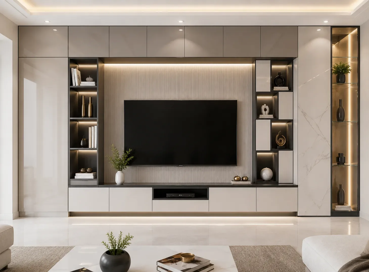 Backlit full wall TV unit by Reedify Modulars