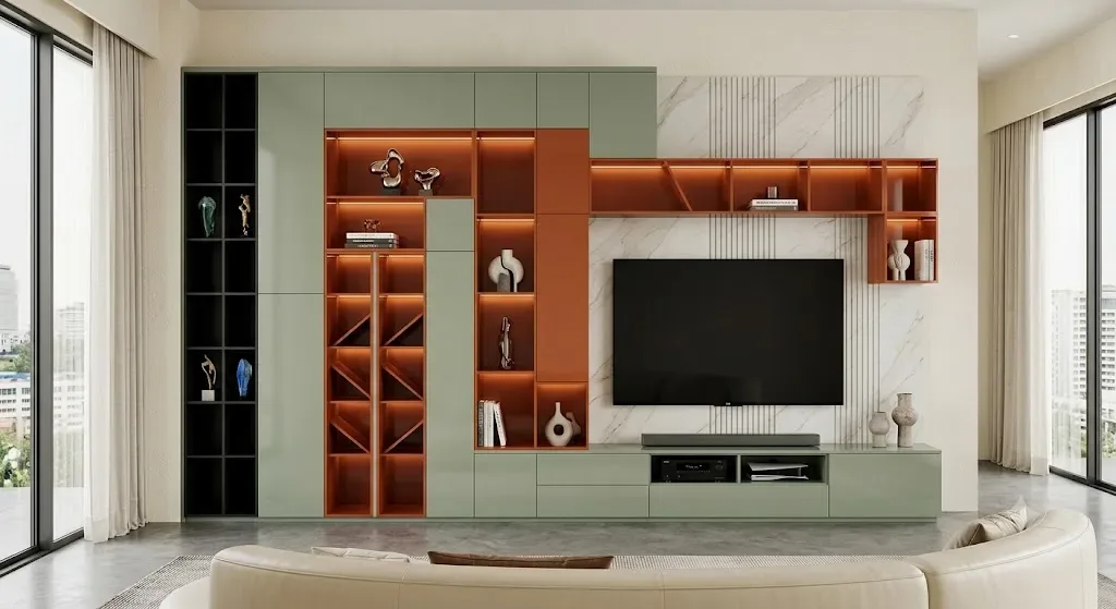 Floating full wall TV cabinet by Reedify Modulars