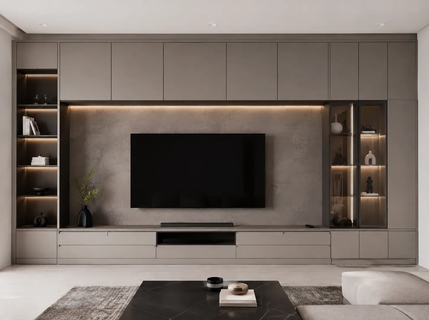 Handleless full wall TV unit by Reedify Modulars