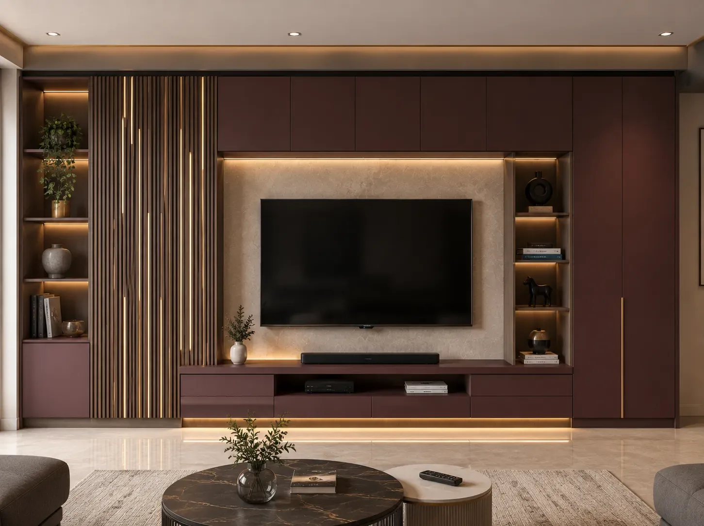 Minimal full wall TV cabinet by Reedify Modulars