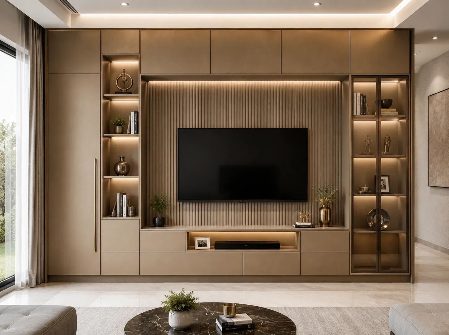 Walnut full wall media unit by Reedify Modulars