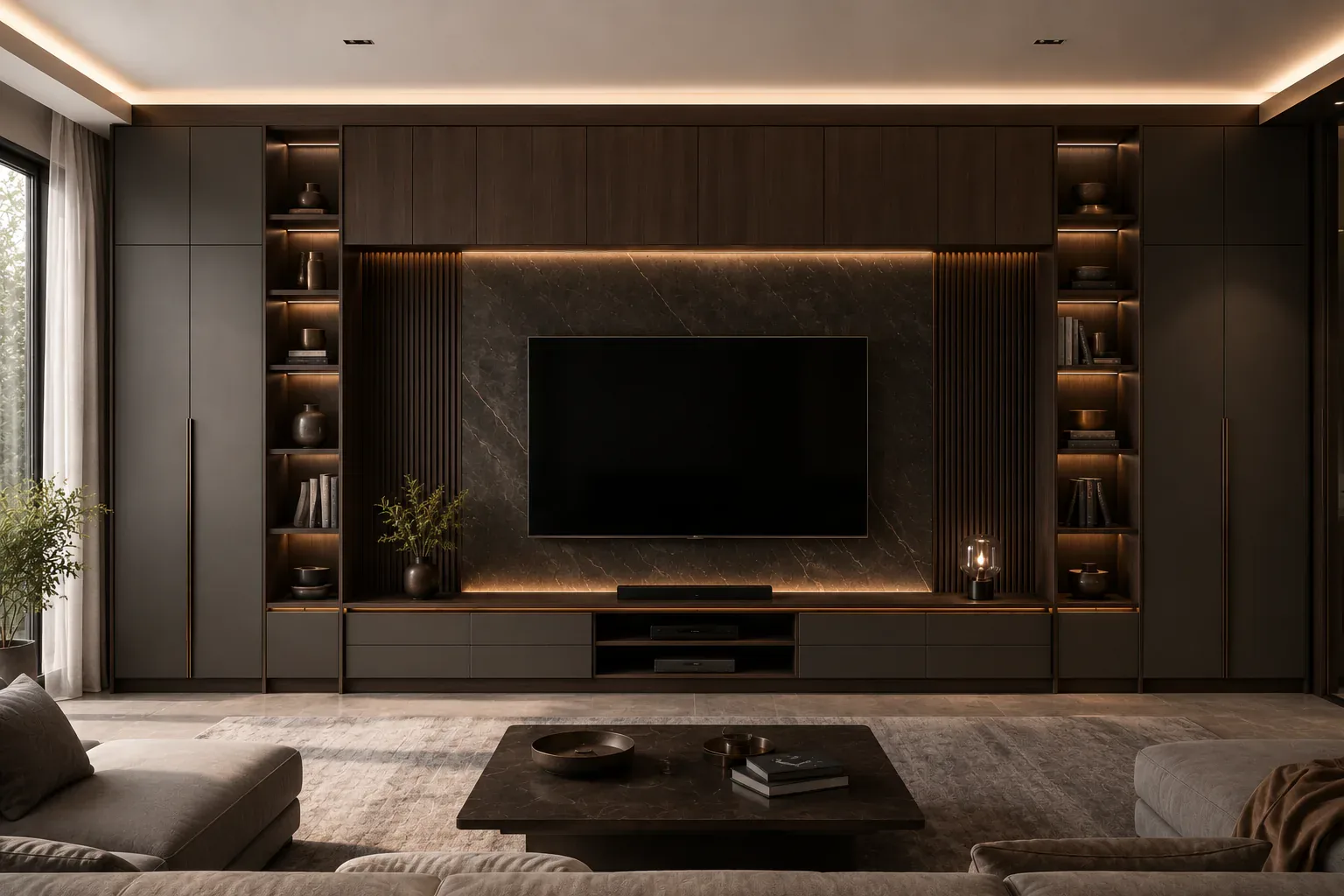 Dark luxury full-wall TV unit by Reedify Modulars