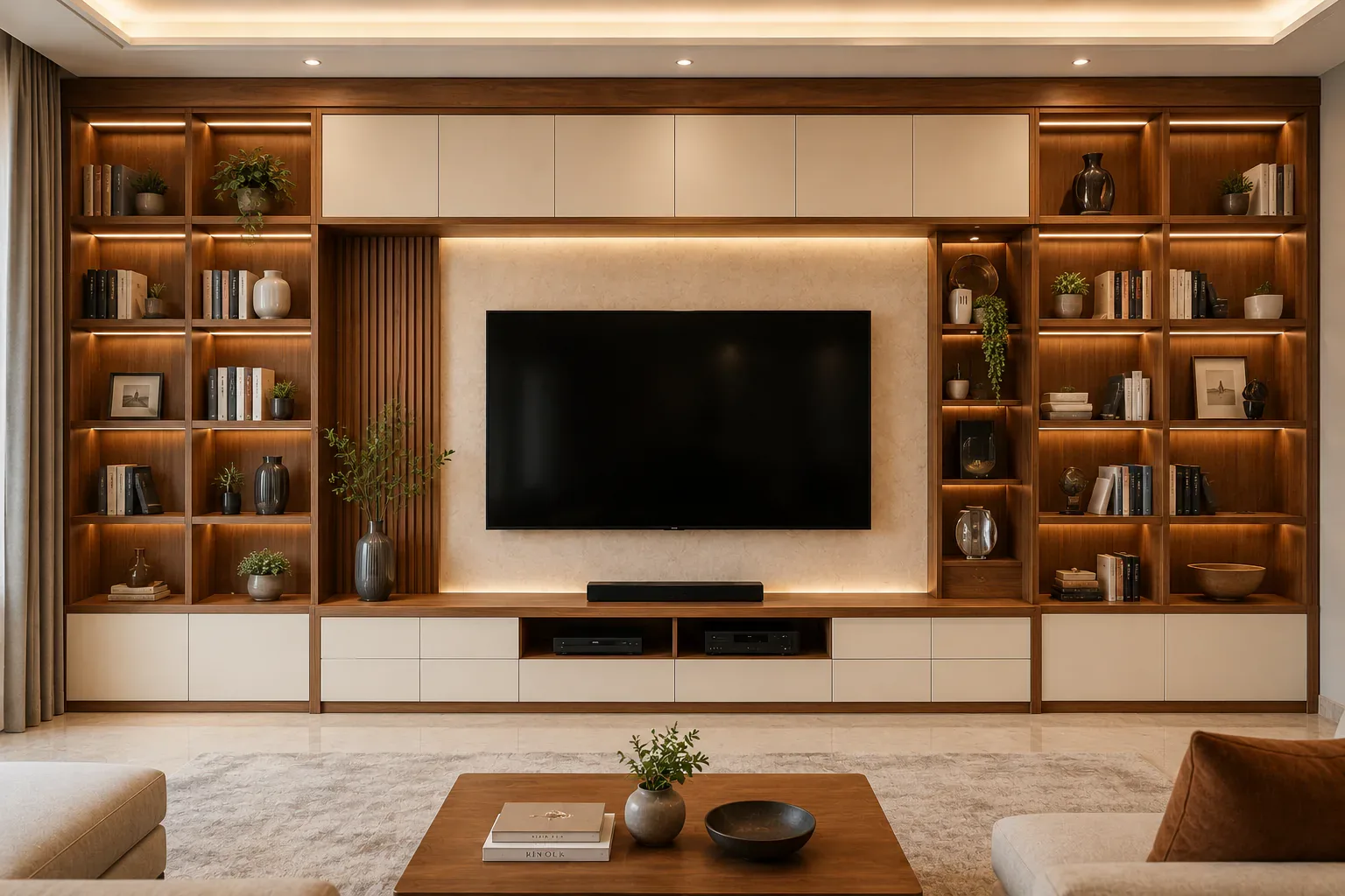 A full-wall TV unit with bookshelf design by Reedify Modulars