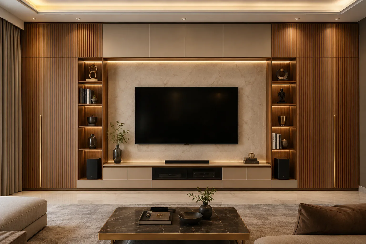 A luxury full-wall TV unit with floating base by Reedify Modulars