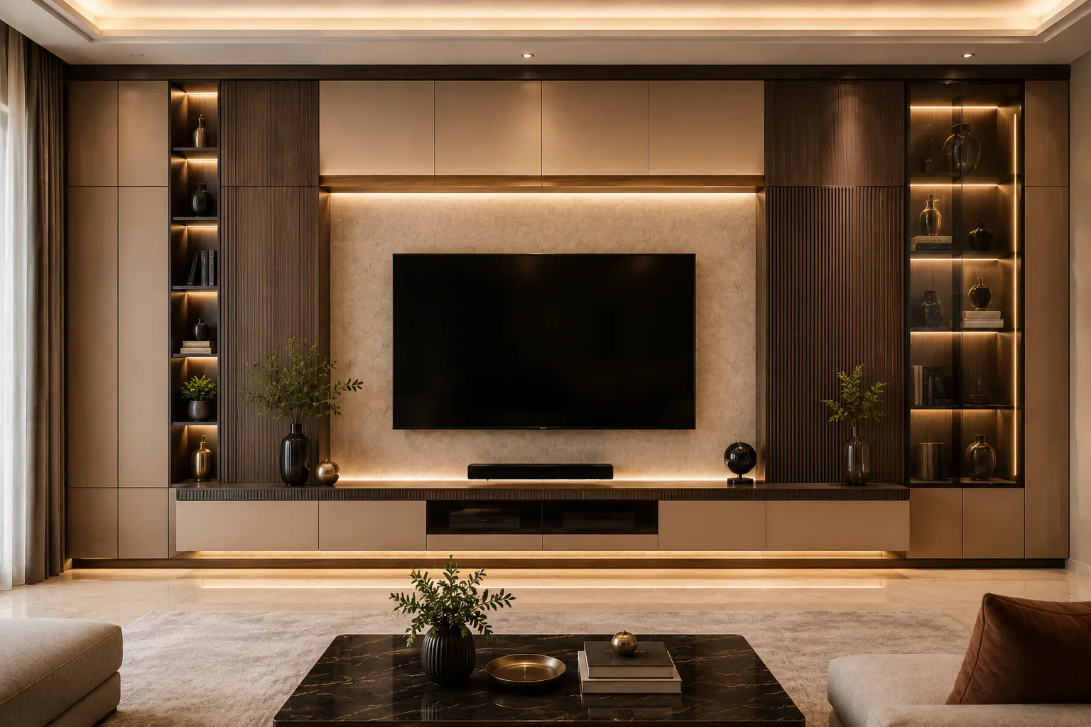Drawing room TV panel design with display niches by Reedify Modulars