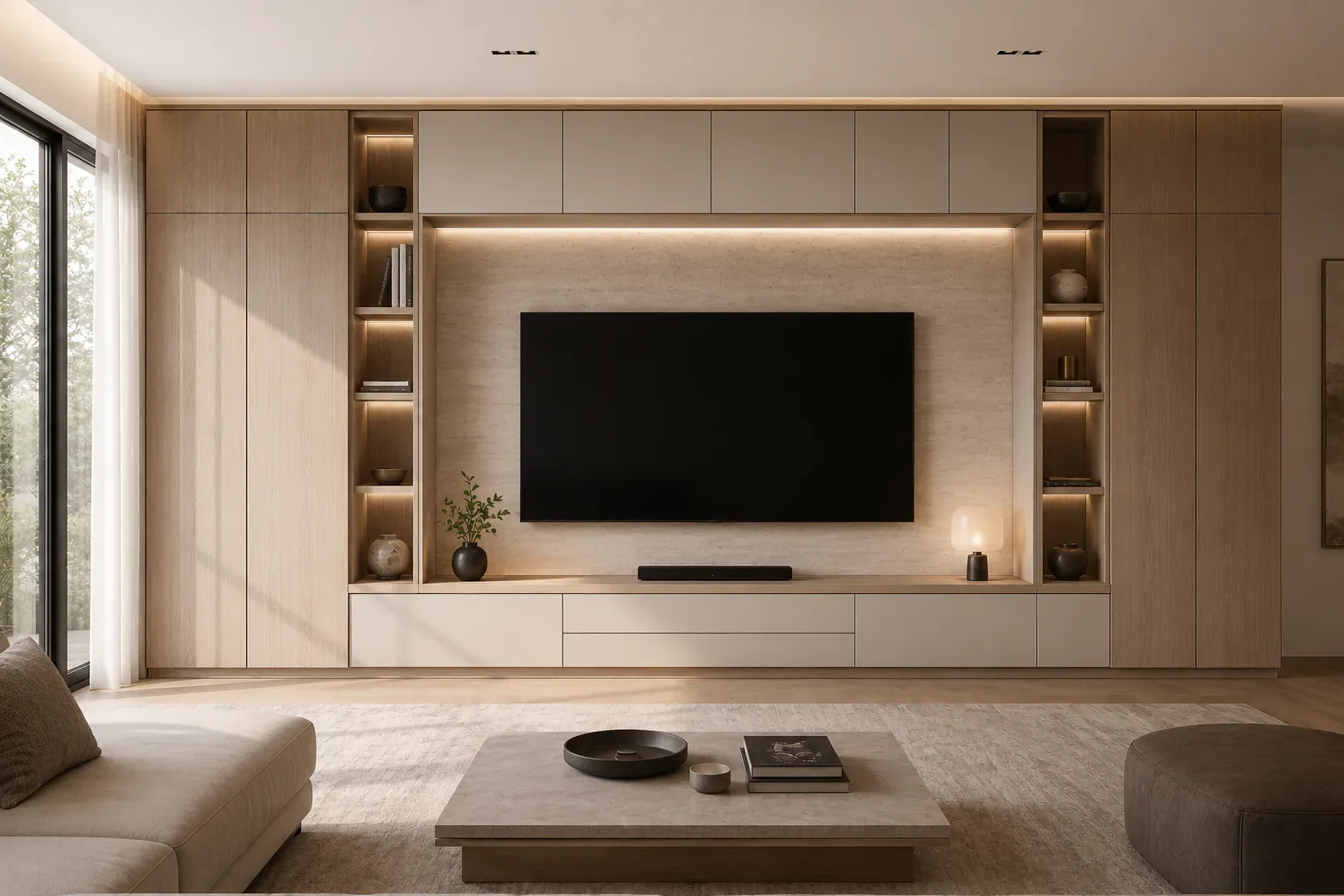 TV unit with open display shelves and lighting by Reedify Modulars