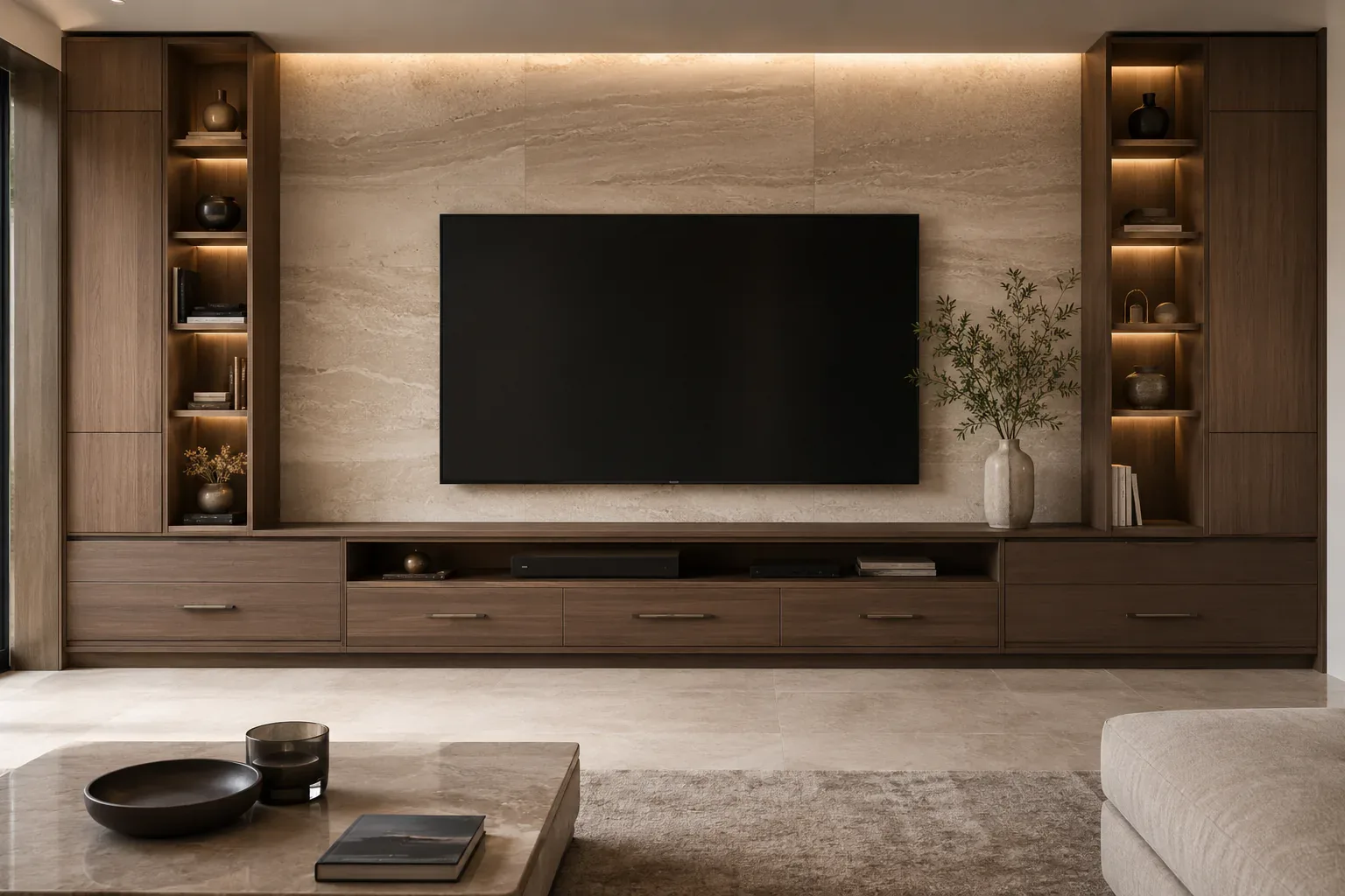 Master bedroom TV unit with hidden storage by Reedify Modulars